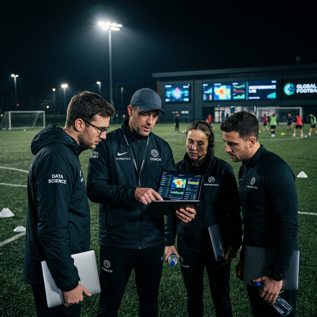 Coach sportif et son staff analysant des données IA sur une tablette